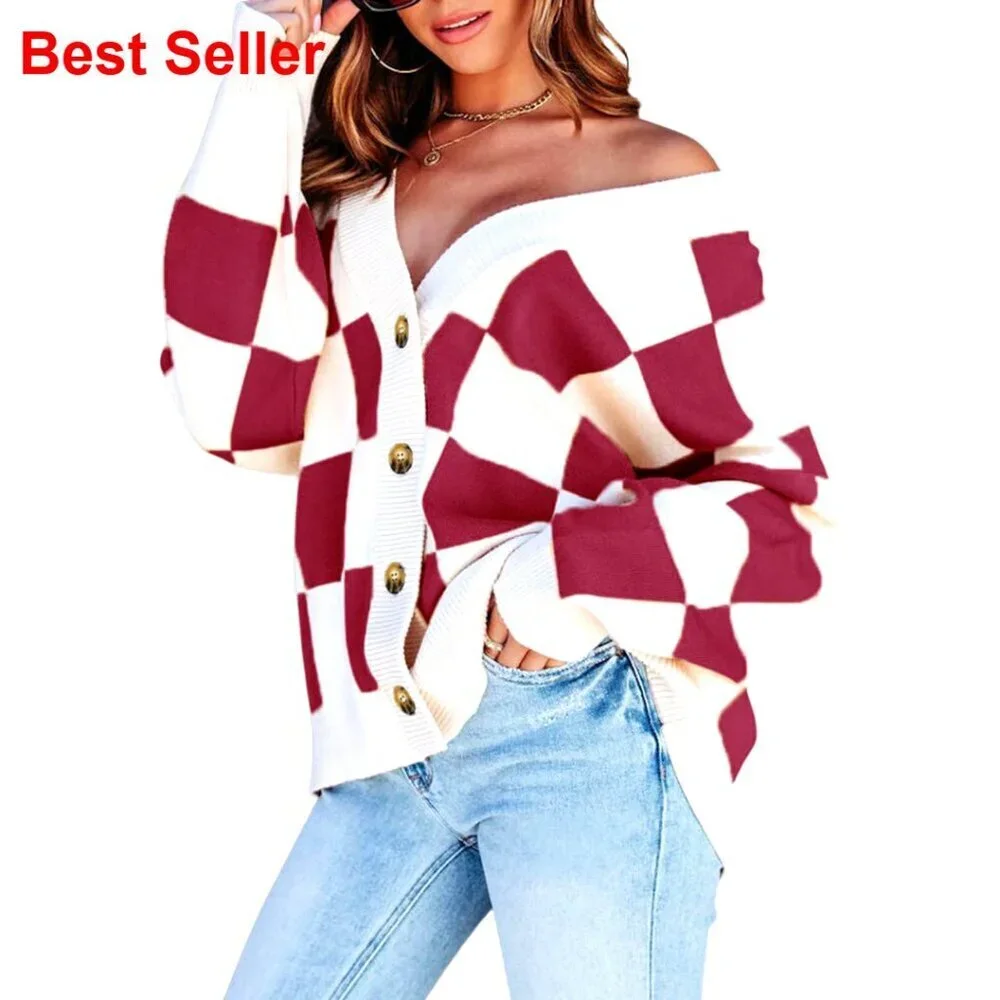 Oversized Cable Knit Cardigan V-Neck Button Down Long Sleeve Plaid